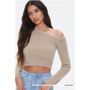 NEW! FOREVER 21 Tan Fuzzy Knit One-Shoulder Sweater